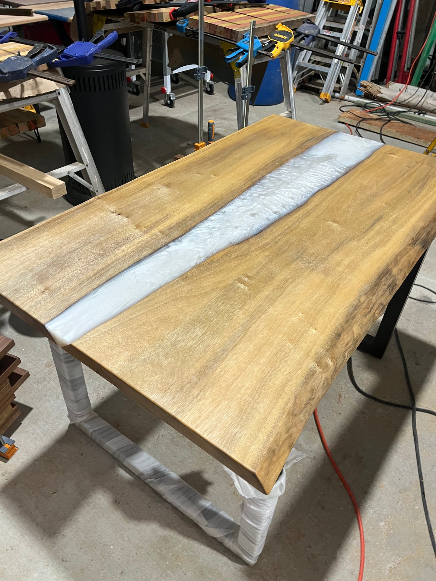 Live Edge Camphor Laurel Dining Table with Pearl White Resin Inlay