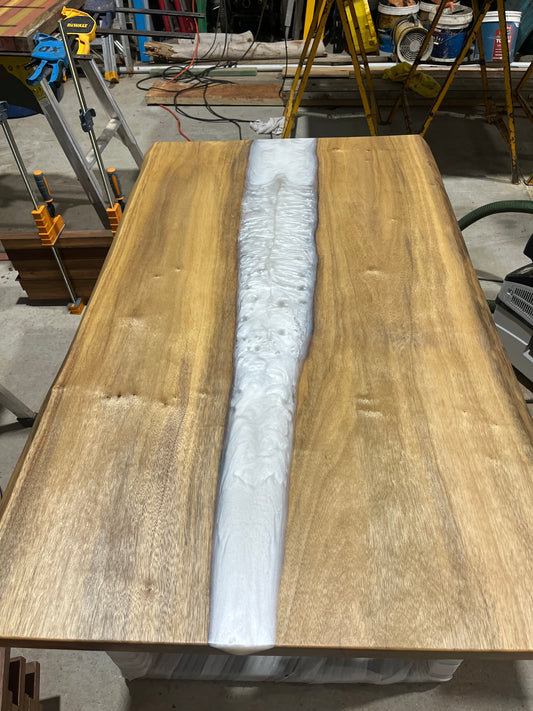 Live Edge Camphor Laurel Dining Table with Pearl White Resin Inlay