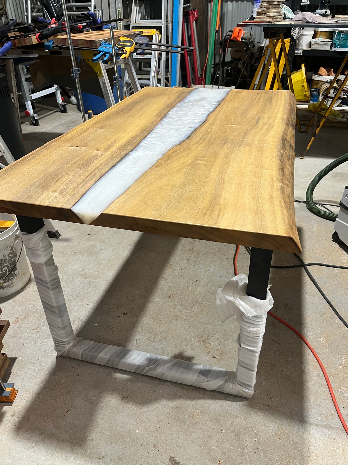 Live Edge Camphor Laurel Dining Table with Pearl White Resin Inlay